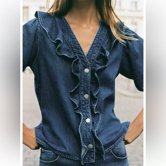 Zara Tops - Denim Ruffle Shirt, Mid Blue, Zara, S